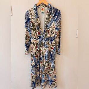 FARM Rio Blue Bird Print Wrap Midi Dress Small NWOT Tropical Boho Long Sleeve
